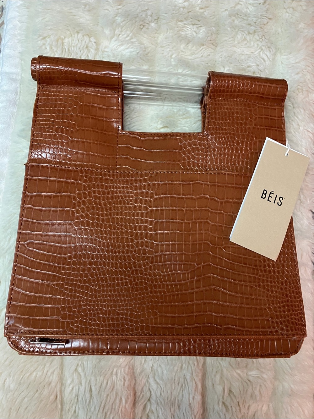 BEIS Croc-Embossed Tan Tote with Clear Handle